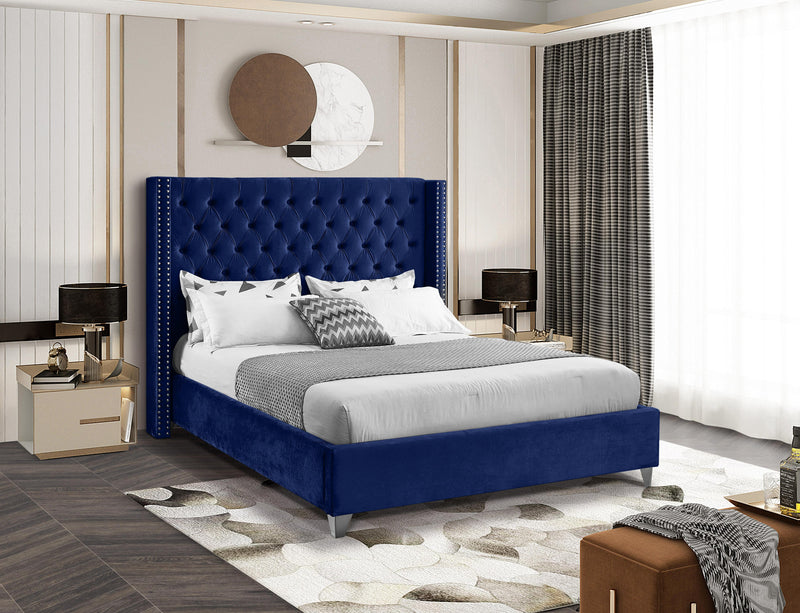 Aiden Navy Velvet Queen Bed